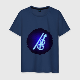 Мужская футболка хлопок с принтом Неоновая скрипка на фоне кирпичной стены в Санкт-Петербурге, 100% хлопок | прямой крой, круглый вырез горловины, длина до линии бедер, слегка спущенное плечо. | джаз | музыка | музыкальный инструмент | неон | неоновая вывеска | ночь | скрипка