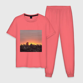 Мужская пижама хлопок с принтом Закат над Токио в Санкт-Петербурге, 100% хлопок | брюки и футболка прямого кроя, без карманов, на брюках мягкая резинка на поясе и по низу штанин
 | башня | город | дома | закат | красный | мегаполис | солнце | эстетика | япония
