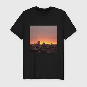 Мужская футболка хлопок Slim с принтом Закат над Токио в Санкт-Петербурге, 92% хлопок, 8% лайкра | приталенный силуэт, круглый вырез ворота, длина до линии бедра, короткий рукав | башня | город | дома | закат | красный | мегаполис | солнце | эстетика | япония
