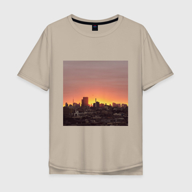Мужская футболка хлопок Oversize с принтом Закат над Токио в Новосибирске, 100% хлопок | свободный крой, круглый ворот, “спинка” длиннее передней части | Тематика изображения на принте: башня | город | дома | закат | красный | мегаполис | солнце | эстетика | япония