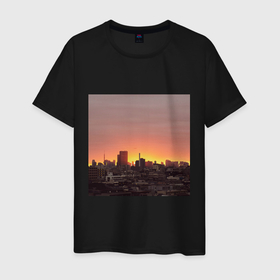 Мужская футболка хлопок с принтом Закат над Токио в Санкт-Петербурге, 100% хлопок | прямой крой, круглый вырез горловины, длина до линии бедер, слегка спущенное плечо. | башня | город | дома | закат | красный | мегаполис | солнце | эстетика | япония
