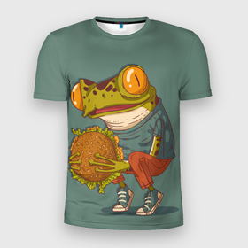 Мужская футболка 3D Slim с принтом Лягуха с подсолнухом в Новосибирске, 100% полиэстер с улучшенными характеристиками | приталенный силуэт, круглая горловина, широкие плечи, сужается к линии бедра | frog | жаба | животное | лягуха | лягушка | подсолнух