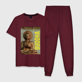 Мужская пижама хлопок с принтом Золотой Будда в Петрозаводске, 100% хлопок | брюки и футболка прямого кроя, без карманов, на брюках мягкая резинка на поясе и по низу штанин
 | будда | буддизм | доброта | духовность | знание | знания | золото | йога | лотос | медитация | мир | мудрец | мудрость | позолота | покой | релакс | релаксация | религия | саморазвитие | философия