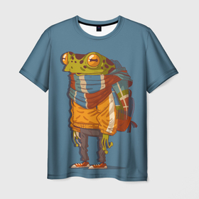 Мужская футболка 3D с принтом Лягуха путешественица в Курске, 100% полиэфир | прямой крой, круглый вырез горловины, длина до линии бедер | frog | жаба | лягуха | лягушка | путешествие | рюкзак