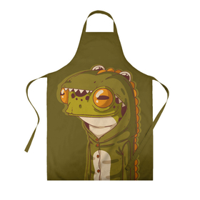 Фартук 3D с принтом Лягуха в костюме динозавра в Екатеринбурге, 100% полиэстер | общий размер — 65 х 85 см, ширина нагрудника — 26 см, горловина — 53 см, длина завязок — 54 см, общий обхват в поясе — 173 см. Принт на завязках и на горловине наносится с двух сторон, на основной части фартука — только с внешней стороны | frog | динозавр | жаба | костюм | лягуха | лягушка