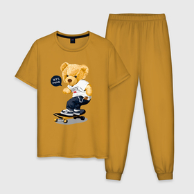 Мужская пижама хлопок с принтом Мишка скейтбордист в Белгороде, 100% хлопок | брюки и футболка прямого кроя, без карманов, на брюках мягкая резинка на поясе и по низу штанин
 | Тематика изображения на принте: board | extreme | skate | skateboard | skateboarder | skateboarding | доска | медведь | медвежий | миша | мишка | плюшевый | скейт | скейтборд | скейтбординг | скейтбордист | экстрим