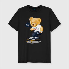 Мужская футболка хлопок Slim с принтом Мишка скейтбордист в Санкт-Петербурге, 92% хлопок, 8% лайкра | приталенный силуэт, круглый вырез ворота, длина до линии бедра, короткий рукав | Тематика изображения на принте: board | extreme | skate | skateboard | skateboarder | skateboarding | доска | медведь | медвежий | миша | мишка | плюшевый | скейт | скейтборд | скейтбординг | скейтбордист | экстрим