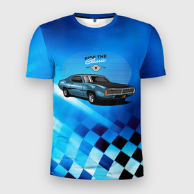 Мужская футболка 3D Slim с принтом Синий Ретро автомобиль в Санкт-Петербурге, 100% полиэстер с улучшенными характеристиками | приталенный силуэт, круглая горловина, широкие плечи, сужается к линии бедра | Тематика изображения на принте: авто | автомобиль | классика | машина | ретро | ретро автомобиль | старая машина