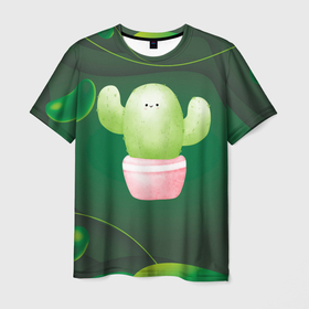 Мужская футболка 3D с принтом Зеленый милый кактус в Петрозаводске, 100% полиэфир | прямой крой, круглый вырез горловины, длина до линии бедер | зелень | кактус | кактусенок | колючий | колючки | цветок