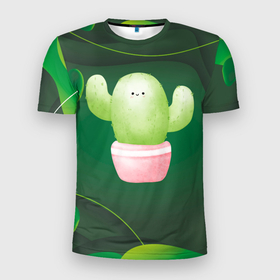 Мужская футболка 3D Slim с принтом Зеленый милый кактус в Екатеринбурге, 100% полиэстер с улучшенными характеристиками | приталенный силуэт, круглая горловина, широкие плечи, сужается к линии бедра | зелень | кактус | кактусенок | колючий | колючки | цветок