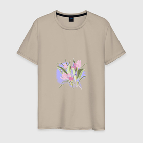 Мужская футболка хлопок с принтом Нежные весенние тюльпаны , 100% хлопок | прямой крой, круглый вырез горловины, длина до линии бедер, слегка спущенное плечо. | букет | весна | нежные цветы | нежный букет | розовые цветы | тюльпаны | фиолетовые цветы | цветение | цветущие | цветы