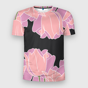 Мужская футболка 3D Slim с принтом Розовые цветы кристаллы в Санкт-Петербурге, 100% полиэстер с улучшенными характеристиками | приталенный силуэт, круглая горловина, широкие плечи, сужается к линии бедра | Тематика изображения на принте: в цветочек | весна | на черном | розовые тюльпаны | розовые цветочки | розовые цветы | розовый | тюльпаны | цветочки | цветы