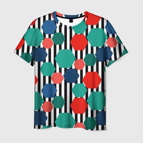Мужская футболка 3D с принтом Геометрический разноцветный узор в Екатеринбурге, 100% полиэфир | прямой крой, круглый вырез горловины, длина до линии бедер | абстрактный | геометрический | детский | зеленый | модный | молодежный | полосатый | полоска | современный