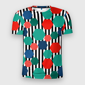 Мужская футболка 3D Slim с принтом Геометрический разноцветный узор , 100% полиэстер с улучшенными характеристиками | приталенный силуэт, круглая горловина, широкие плечи, сужается к линии бедра | абстрактный | геометрический | детский | зеленый | модный | молодежный | полосатый | полоска | современный