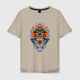 Мужская футболка хлопок Oversize с принтом Wild Tiger Samurai в Екатеринбурге, 100% хлопок | свободный крой, круглый ворот, “спинка” длиннее передней части | восточный | голова | дикий | звери | император | кинжал | китай | лев | меч | огонь | пасть | пламя | самурай | тигр | шлем | япония | ярость