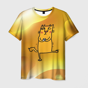 Мужская футболка 3D с принтом строгий кот занимается йогой в Екатеринбурге, 100% полиэфир | прямой крой, круглый вырез горловины, длина до линии бедер | Тематика изображения на принте: йог | йога | кот йога | котенок | котик | кошка | рыжий кот | спокойствие