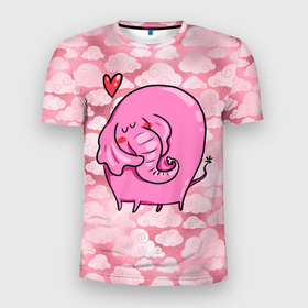 Мужская футболка 3D Slim с принтом розовый влюбленный слон в Кировске, 100% полиэстер с улучшенными характеристиками | приталенный силуэт, круглая горловина, широкие плечи, сужается к линии бедра | влюбленный | влюбленный слон | любовь | розовый слон | слон | слоненок | слоник