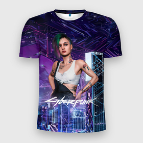 Мужская футболка 3D Slim с принтом Judy Cyberpunk2077 Джуди в Петрозаводске, 100% полиэстер с улучшенными характеристиками | приталенный силуэт, круглая горловина, широкие плечи, сужается к линии бедра | Тематика изображения на принте: 2077 | cyberpunk | cyberpunk 2077 | judy | night city | vi | ви | джуди | жуди | кибер | киберпанк | найтсити | панк
