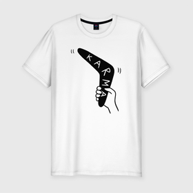 Мужская футболка хлопок Slim с принтом Karma   boomerang в Новосибирске, 92% хлопок, 8% лайкра | приталенный силуэт, круглый вырез ворота, длина до линии бедра, короткий рукав | always | boomerang | hand | karma | returns | warning | бумеранг | возвращается | всегда | карма | предупреждение | рука