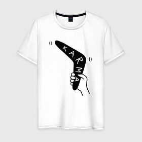 Мужская футболка хлопок с принтом Karma   boomerang в Новосибирске, 100% хлопок | прямой крой, круглый вырез горловины, длина до линии бедер, слегка спущенное плечо. | always | boomerang | hand | karma | returns | warning | бумеранг | возвращается | всегда | карма | предупреждение | рука