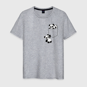 Мужская футболка хлопок с принтом Панды сидят в кармане. в Тюмени, 100% хлопок | прямой крой, круглый вырез горловины, длина до линии бедер, слегка спущенное плечо. | Тематика изображения на принте: bears | chinese | cubs | in your pocket | pandas | pocket | sitting | small | в кармане | карман | китайские | маленькие | медведи | медвежата | панды | сидят