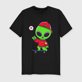 Мужская футболка хлопок Slim с принтом Alien with love в Белгороде, 92% хлопок, 8% лайкра | приталенный силуэт, круглый вырез ворота, длина до линии бедра, короткий рукав | Тематика изображения на принте: alien | skateboard | skater | ufo | нло | пришелец | скейтборд