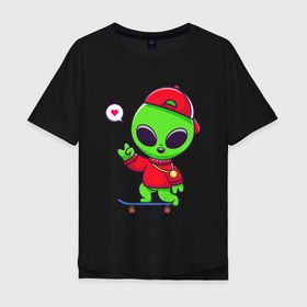 Мужская футболка хлопок Oversize с принтом Alien with love в Курске, 100% хлопок | свободный крой, круглый ворот, “спинка” длиннее передней части | alien | skateboard | skater | ufo | нло | пришелец | скейтборд