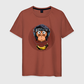 Мужская футболка хлопок с принтом обезьяна   в наушниках в Тюмени, 100% хлопок | прямой крой, круглый вырез горловины, длина до линии бедер, слегка спущенное плечо. | handeyework | арт | банан | в наушниках | животные | мелодия | музыка | ноты | обезьяна | реп | рисунок | рнб | хлопок