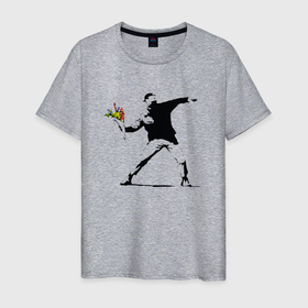 Мужская футболка хлопок с принтом Бэнкси художник Banksy цветы в Кировске, 100% хлопок | прямой крой, круглый вырез горловины, длина до линии бедер, слегка спущенное плечо. | 