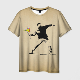 Мужская футболка 3D с принтом Banksy цветы Бэнкси в Кировске, 100% полиэфир | прямой крой, круглый вырез горловины, длина до линии бедер | 