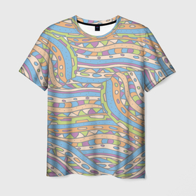Мужская футболка 3D с принтом Разноцветный геометрический узор в стиле дудл в Петрозаводске, 100% полиэфир | прямой крой, круглый вырез горловины, длина до линии бедер | абстракция | белый | геометрический | детский | дудл | женский | зеленый | каракули | квадратики | линии | оранжевый | пастельные цвета | пастельный | пестрый | приглушенные тона | разноцветный