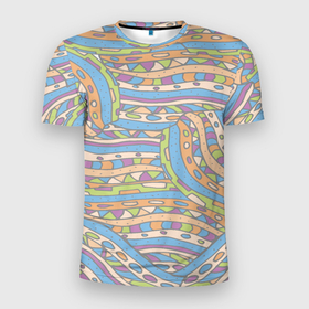Мужская футболка 3D Slim с принтом Разноцветный геометрический узор в стиле дудл в Новосибирске, 100% полиэстер с улучшенными характеристиками | приталенный силуэт, круглая горловина, широкие плечи, сужается к линии бедра | абстракция | белый | геометрический | детский | дудл | женский | зеленый | каракули | квадратики | линии | оранжевый | пастельные цвета | пастельный | пестрый | приглушенные тона | разноцветный