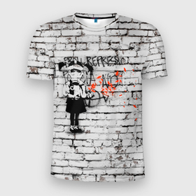 Мужская футболка 3D Slim с принтом Banksy Девочка в Противогазе Бэнкси в Кировске, 100% полиэстер с улучшенными характеристиками | приталенный силуэт, круглая горловина, широкие плечи, сужается к линии бедра | art | banksy | create | graffity | kid | love | peace | wall | арт | бенкси | бэнкси | граффити | дети | исскуство | лес | любовь | мир | небо | противогаз | ри | стена | текстура | узоры | художник | чб | шар