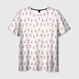 Мужская футболка 3D с принтом Веселые кролики с пасхальными яйцами в Кировске, 100% полиэфир | прямой крой, круглый вырез горловины, длина до линии бедер | белый фон | бирюзовый | детский | желтый | зайчик | заяц | кролик | мультяшный стиль | пастельные тона | пасха | пасхальный | персонаж | розовый | фиолетовый | яйцо