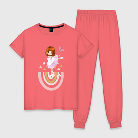 Женская пижама хлопок с принтом Балерина На Радуге , 100% хлопок | брюки и футболка прямого кроя, без карманов, на брюках мягкая резинка на поясе и по низу штанин | бабочка | балерина | в топе | в тренде | дети | радуга | розовый | сердце
