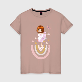 Женская футболка хлопок с принтом Балерина На Радуге , 100% хлопок | прямой крой, круглый вырез горловины, длина до линии бедер, слегка спущенное плечо | бабочка | балерина | в топе | в тренде | дети | радуга | розовый | сердце