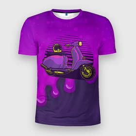Мужская футболка 3D Slim с принтом Фиолетовый  мопед в Екатеринбурге, 100% полиэстер с улучшенными характеристиками | приталенный силуэт, круглая горловина, широкие плечи, сужается к линии бедра | moto | мопед | мото | мотороллер | мотоспорт | мотоцикл