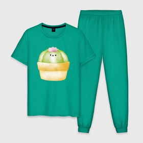 Мужская пижама хлопок с принтом Маленький   кактус в Кировске, 100% хлопок | брюки и футболка прямого кроя, без карманов, на брюках мягкая резинка на поясе и по низу штанин
 | зеленый кактус | кактус | колючий | колючки | милый | цветок