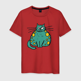 Мужская футболка хлопок с принтом Прикольный зеленый  кот в Новосибирске, 100% хлопок | прямой крой, круглый вырез горловины, длина до линии бедер, слегка спущенное плечо. | зеленый кот | кот | котенок | котик | кошка