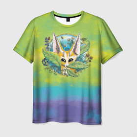 Мужская футболка 3D с принтом Лиса фенек среди цветов в Новосибирске, 100% полиэфир | прямой крой, круглый вырез горловины, длина до линии бедер | акварель | бабочка | божья коровка | глаза | живопись | животное | круг | лис | лиса | луг | небо | персонаж | поле | пятно | рыжий | фенек | цветок | цветы