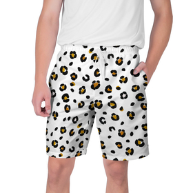 Мужские шорты 3D с принтом пятна леопарда leopard spots в Новосибирске,  полиэстер 100% | прямой крой, два кармана без застежек по бокам. Мягкая трикотажная резинка на поясе, внутри которой широкие завязки. Длина чуть выше колен | Тематика изображения на принте: animal print | animalistic | background | hipard | leopard | skin | spots | white background | yellow | анималистичный | анималистычный | белый фон | гипард | животные | животный | звериный | звериный принт | леопард | леопардовый | паттерн
