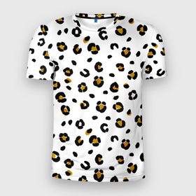 Мужская футболка 3D Slim с принтом пятна леопарда leopard spots в Кировске, 100% полиэстер с улучшенными характеристиками | приталенный силуэт, круглая горловина, широкие плечи, сужается к линии бедра | animal print | animalistic | background | hipard | leopard | skin | spots | white background | yellow | анималистичный | анималистычный | белый фон | гипард | животные | животный | звериный | звериный принт | леопард | леопардовый | паттерн