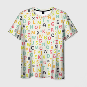 Мужская футболка 3D с принтом Буквы и символы в Петрозаводске, 100% полиэфир | прямой крой, круглый вырез горловины, длина до линии бедер | alphabet | text | алфавит | английский | буквы | весенний | детксий | для девочки | для мальчика | желтый | жизнерадостный | зеленый | знаки | красочный | латиница | летний | молодежный | оранжевый