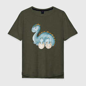 Мужская футболка хлопок Oversize с принтом Мама динозавр с детенышами в Новосибирске, 100% хлопок | свободный крой, круглый ворот, “спинка” длиннее передней части | Тематика изображения на принте: детеныши | дети | динозавр | динозаврики | мама | мама динозавр | яйца