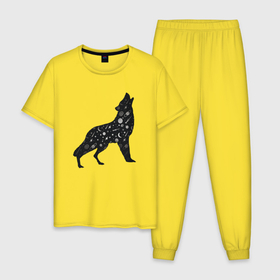 Мужская пижама хлопок с принтом Звездный черный волк в Тюмени, 100% хлопок | брюки и футболка прямого кроя, без карманов, на брюках мягкая резинка на поясе и по низу штанин
 | волк | волки | волчица | звездное небо | звезды