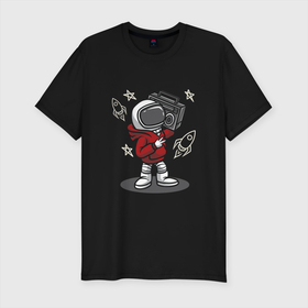 Мужская футболка хлопок Slim с принтом космонавт  с магнитофоном в Петрозаводске, 92% хлопок, 8% лайкра | приталенный силуэт, круглый вырез ворота, длина до линии бедра, короткий рукав | звезды | космонавт | космос | магнитофон | наса | нло