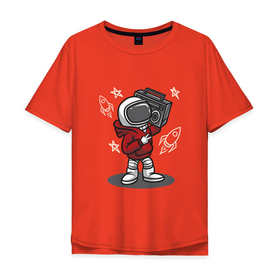 Мужская футболка хлопок Oversize с принтом космонавт  с магнитофоном в Санкт-Петербурге, 100% хлопок | свободный крой, круглый ворот, “спинка” длиннее передней части | звезды | космонавт | космос | магнитофон | наса | нло
