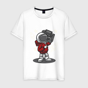 Мужская футболка хлопок с принтом космонавт  с магнитофоном в Курске, 100% хлопок | прямой крой, круглый вырез горловины, длина до линии бедер, слегка спущенное плечо. | звезды | космонавт | космос | магнитофон | наса | нло