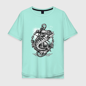 Мужская футболка хлопок Oversize с принтом Рыба и  якорь в Екатеринбурге, 100% хлопок | свободный крой, круглый ворот, “спинка” длиннее передней части | рыба | рыбак | рыбалка | рыбка | хищная рыба | якорь