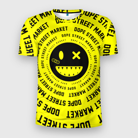 Мужская футболка 3D Slim с принтом Счастливый Смайлик Yellow (Dope Street Market) в Курске, 100% полиэстер с улучшенными характеристиками | приталенный силуэт, круглая горловина, широкие плечи, сужается к линии бедра | Тематика изображения на принте: жёлтый | модные | смайл | смайлик | счастливый | узор | хайп | шмот